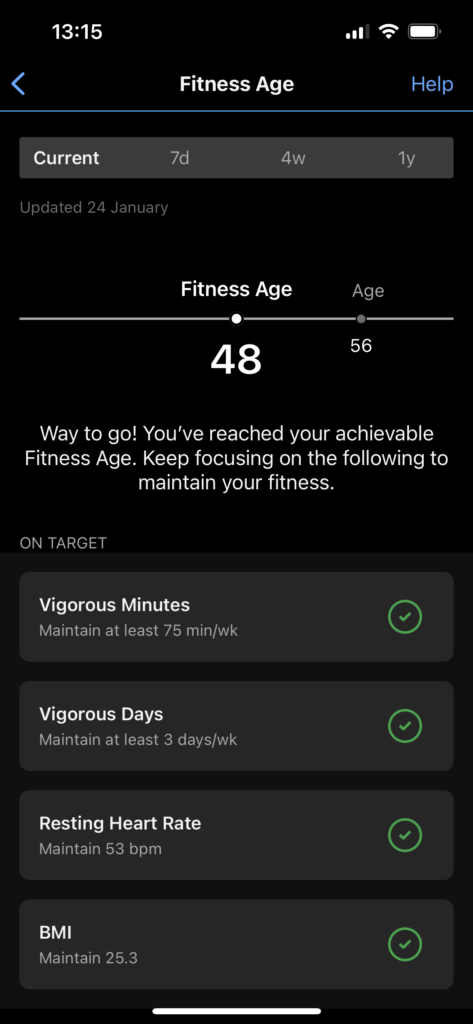 Screenshot of the Garmin Fenix 7X Sapphire Solar Fitness Age in Garmin Connect, wich is the tool for tracking, analyzing and sharing health and fitness activities from your Garmin multisport device.