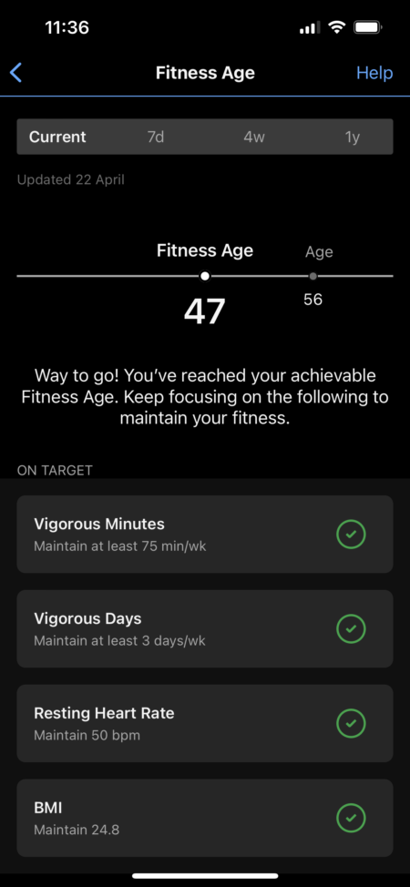 Garmin fitness age algorithms estimates how fit you are compared to your actual age. Good sleep, good nutrition and good fitness reward with rejuvenation.
